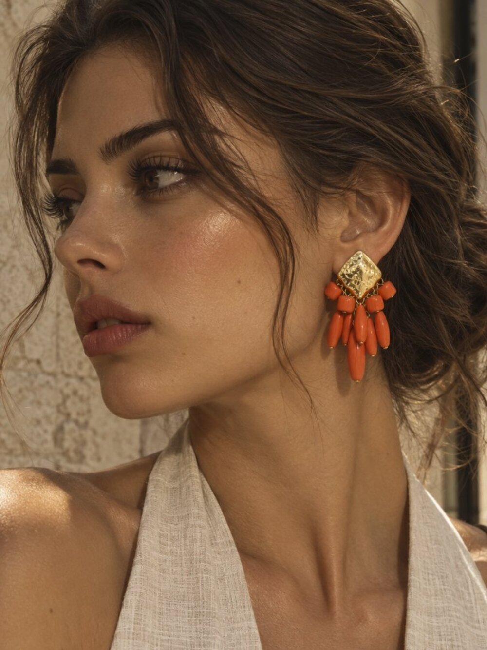 Orange Beaded Chandelier Earrings Gold Tone Statement Dangle Earrings